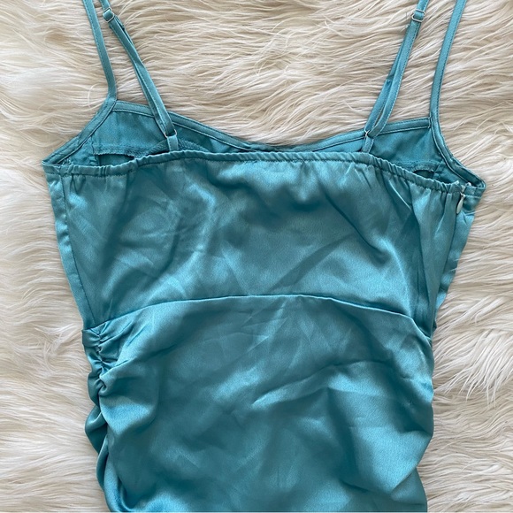 PrettyLittleThing Teal Light Blue Satin Sleeveless Corset Ruched Bodycon Dress - Picture 8 of 12